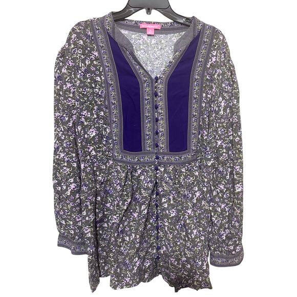 Woman Within Top 1X Purple Floral Blouse Babydoll Boho Peasant 22/24 - Picture 1 of 8